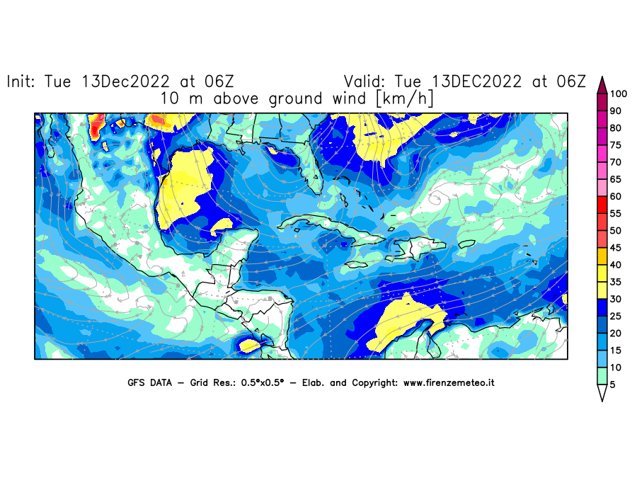 Mappa di analisi GFS - Velocità del vento a 10 metri dal suolo [km/h] in Centro-America
							del 13/12/2022 06 <!--googleoff: index-->UTC<!--googleon: index-->