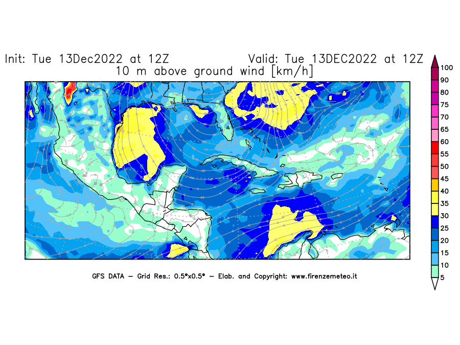 Mappa di analisi GFS - Velocità del vento a 10 metri dal suolo [km/h] in Centro-America
							del 13/12/2022 12 <!--googleoff: index-->UTC<!--googleon: index-->
