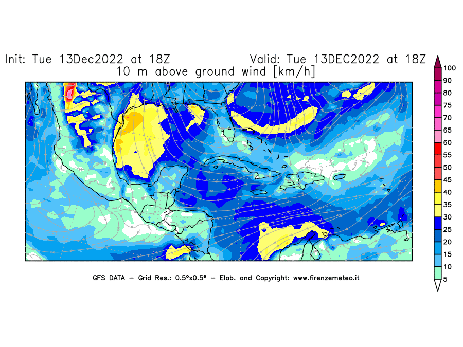 Mappa di analisi GFS - Velocità del vento a 10 metri dal suolo [km/h] in Centro-America
							del 13/12/2022 18 <!--googleoff: index-->UTC<!--googleon: index-->