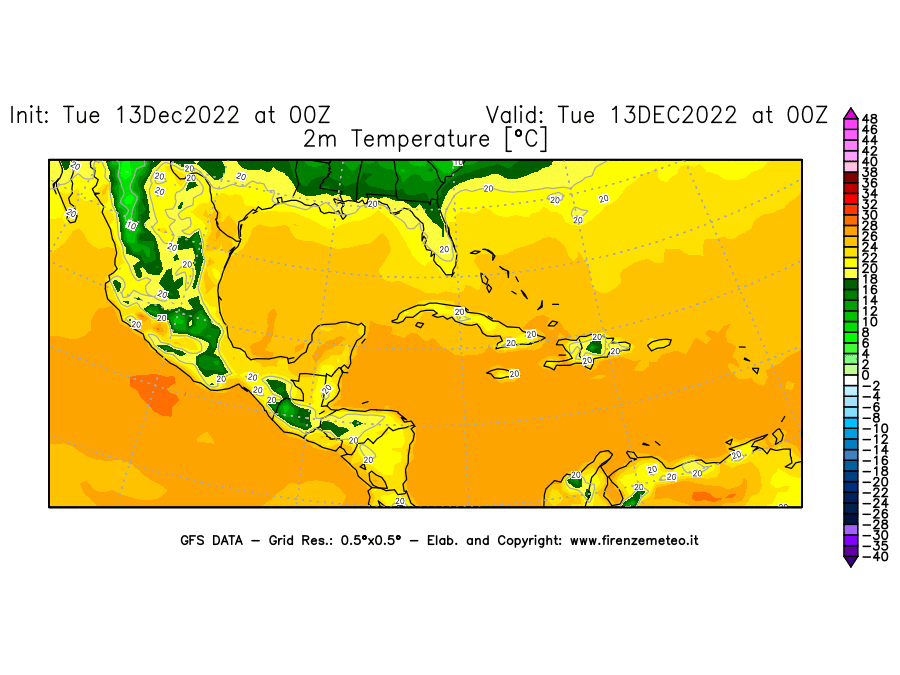 Mappa di analisi GFS - Temperatura a 2 metri dal suolo [°C] in Centro-America
							del 13/12/2022 00 <!--googleoff: index-->UTC<!--googleon: index-->