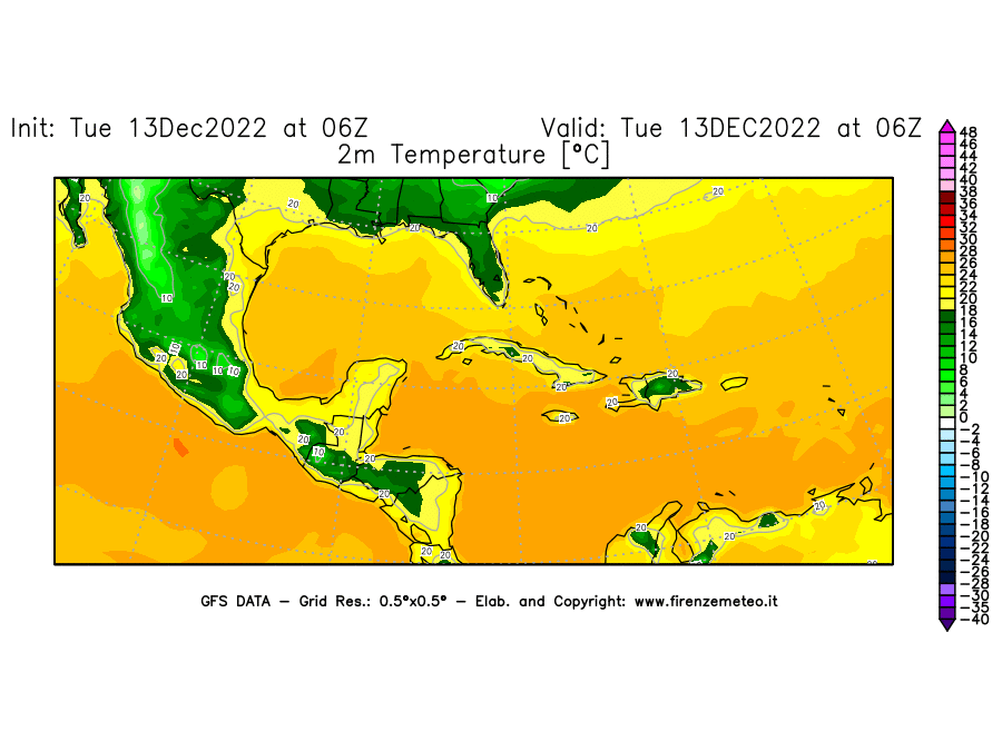 Mappa di analisi GFS - Temperatura a 2 metri dal suolo [°C] in Centro-America
							del 13/12/2022 06 <!--googleoff: index-->UTC<!--googleon: index-->