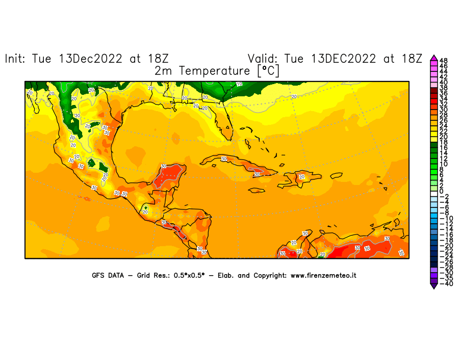 Mappa di analisi GFS - Temperatura a 2 metri dal suolo [°C] in Centro-America
							del 13/12/2022 18 <!--googleoff: index-->UTC<!--googleon: index-->