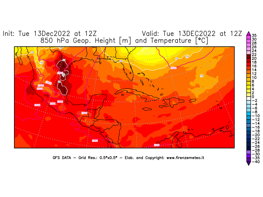 Mappa di analisi GFS - Geopotenziale [m] e Temperatura [°C] a 850 hPa in Centro-America
							del 13/12/2022 12 <!--googleoff: index-->UTC<!--googleon: index-->