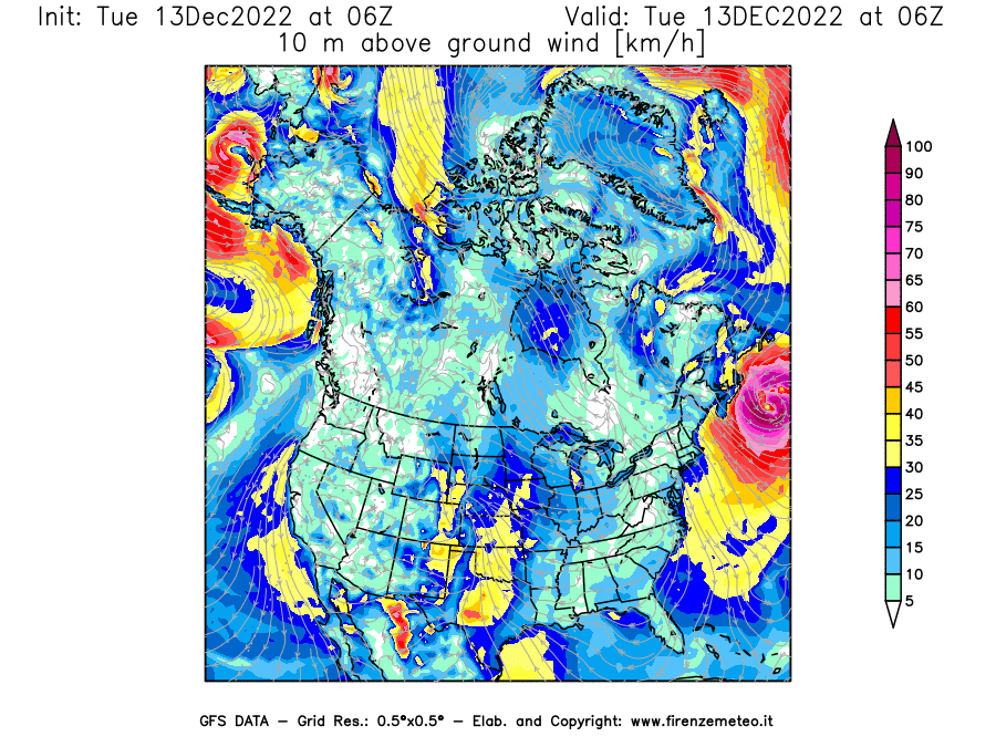Mappa di analisi GFS - Velocità del vento a 10 metri dal suolo [km/h] in Nord-America
							del 13/12/2022 06 <!--googleoff: index-->UTC<!--googleon: index-->