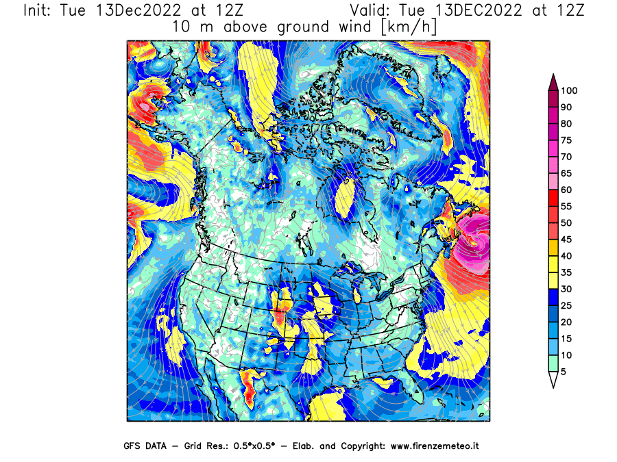 Mappa di analisi GFS - Velocità del vento a 10 metri dal suolo [km/h] in Nord-America
							del 13/12/2022 12 <!--googleoff: index-->UTC<!--googleon: index-->