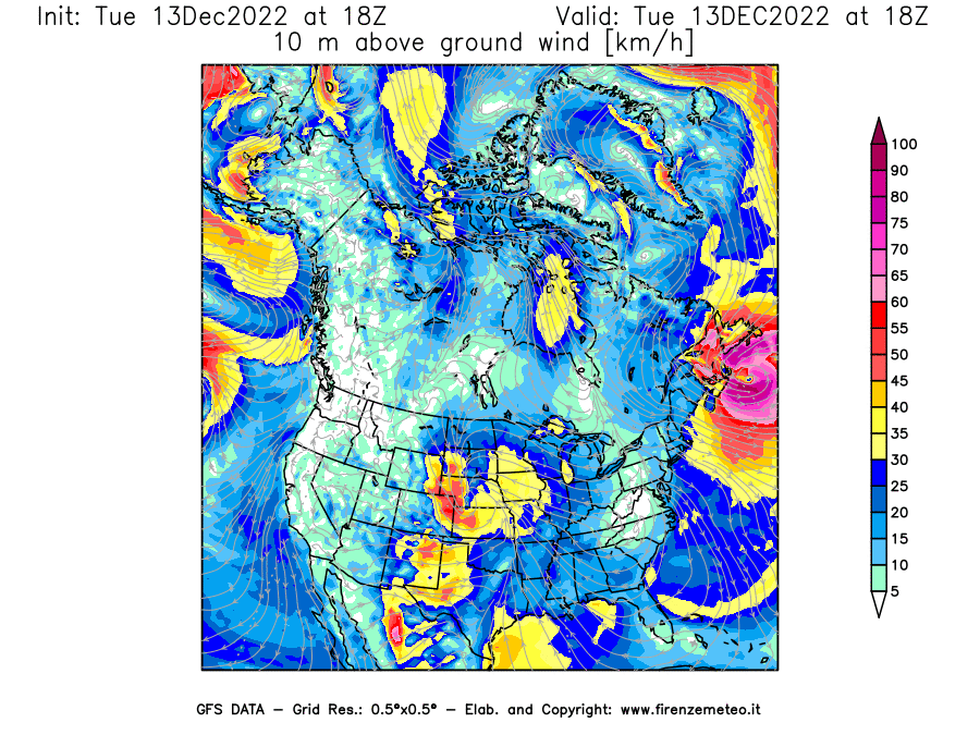Mappa di analisi GFS - Velocità del vento a 10 metri dal suolo [km/h] in Nord-America
							del 13/12/2022 18 <!--googleoff: index-->UTC<!--googleon: index-->
