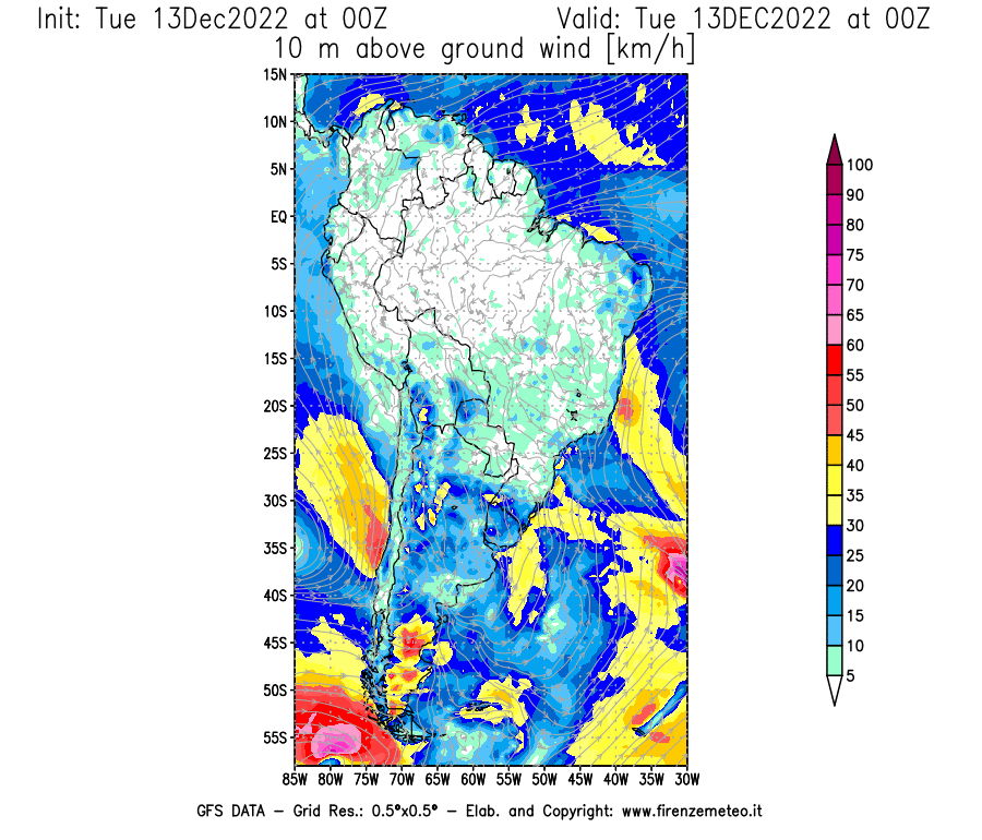 Mappa di analisi GFS - Velocità del vento a 10 metri dal suolo [km/h] in Sud-America
							del 13/12/2022 00 <!--googleoff: index-->UTC<!--googleon: index-->