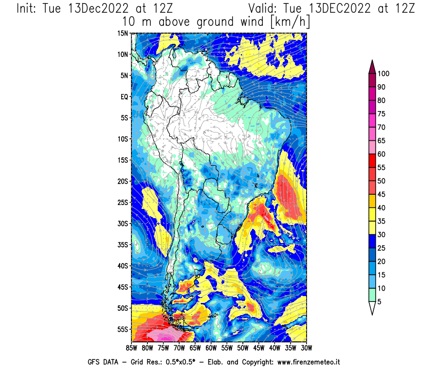 Mappa di analisi GFS - Velocità del vento a 10 metri dal suolo [km/h] in Sud-America
							del 13/12/2022 12 <!--googleoff: index-->UTC<!--googleon: index-->