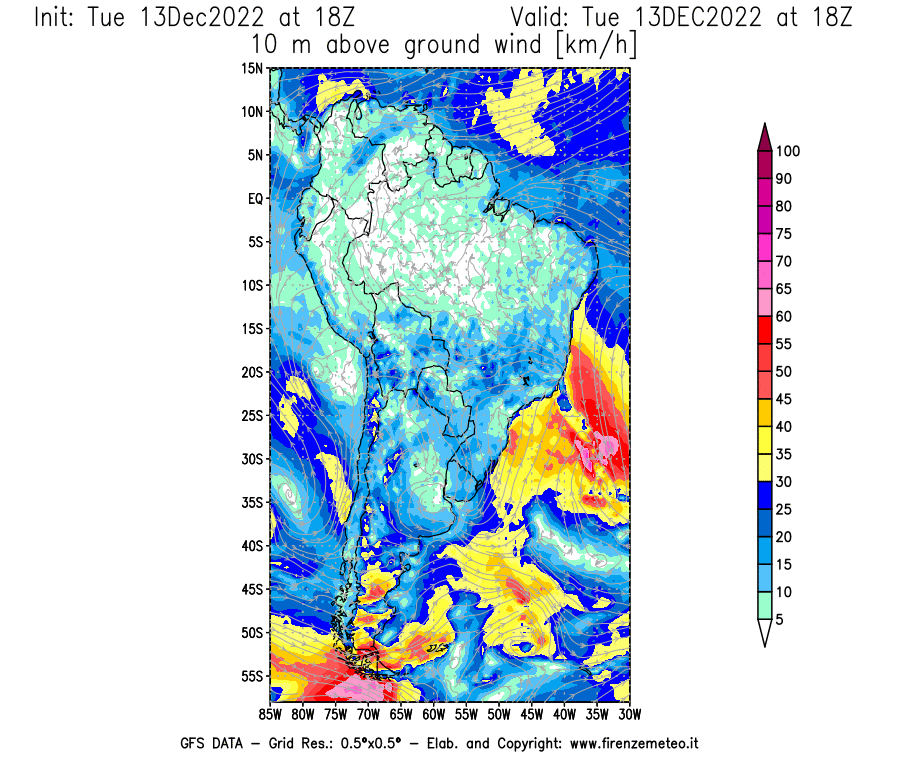 Mappa di analisi GFS - Velocità del vento a 10 metri dal suolo [km/h] in Sud-America
							del 13/12/2022 18 <!--googleoff: index-->UTC<!--googleon: index-->