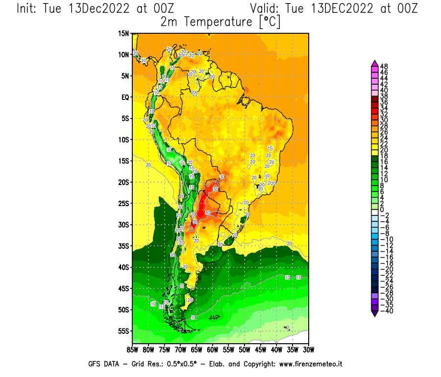 Mappa di analisi GFS - Temperatura a 2 metri dal suolo [°C] in Sud-America
							del 13/12/2022 00 <!--googleoff: index-->UTC<!--googleon: index-->
