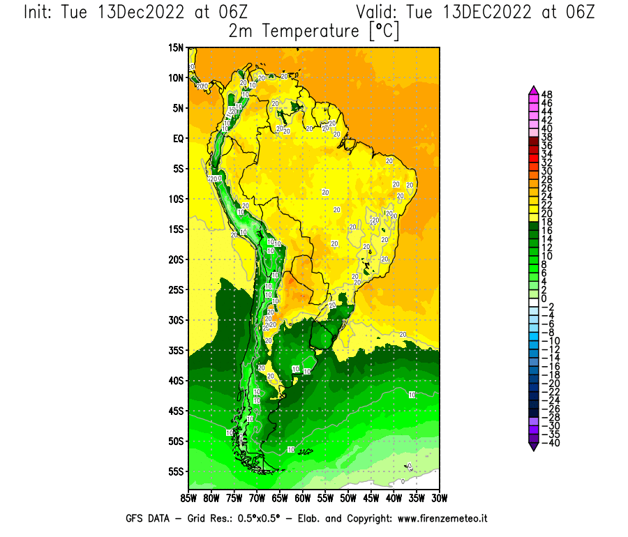 Mappa di analisi GFS - Temperatura a 2 metri dal suolo [°C] in Sud-America
							del 13/12/2022 06 <!--googleoff: index-->UTC<!--googleon: index-->