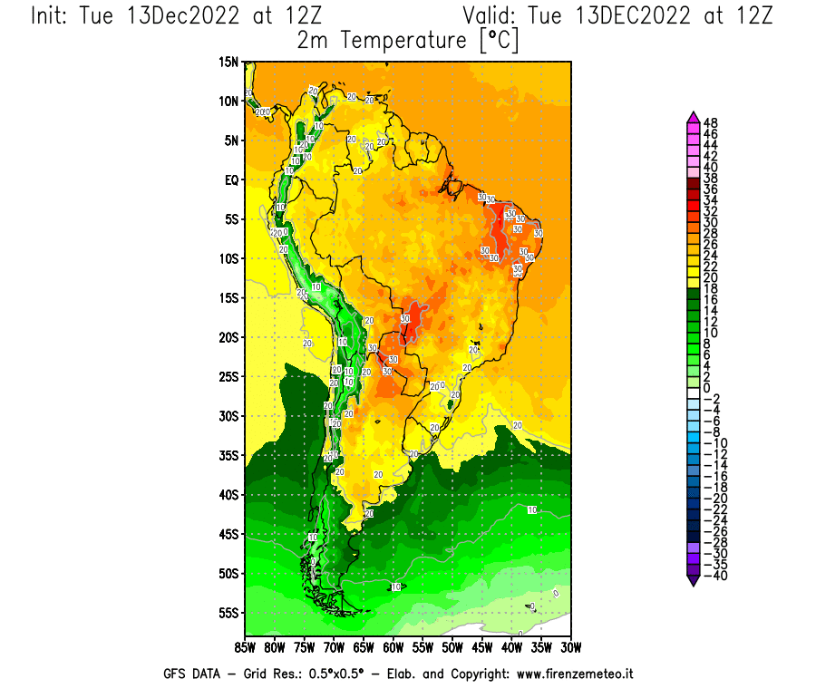 Mappa di analisi GFS - Temperatura a 2 metri dal suolo [°C] in Sud-America
							del 13/12/2022 12 <!--googleoff: index-->UTC<!--googleon: index-->
