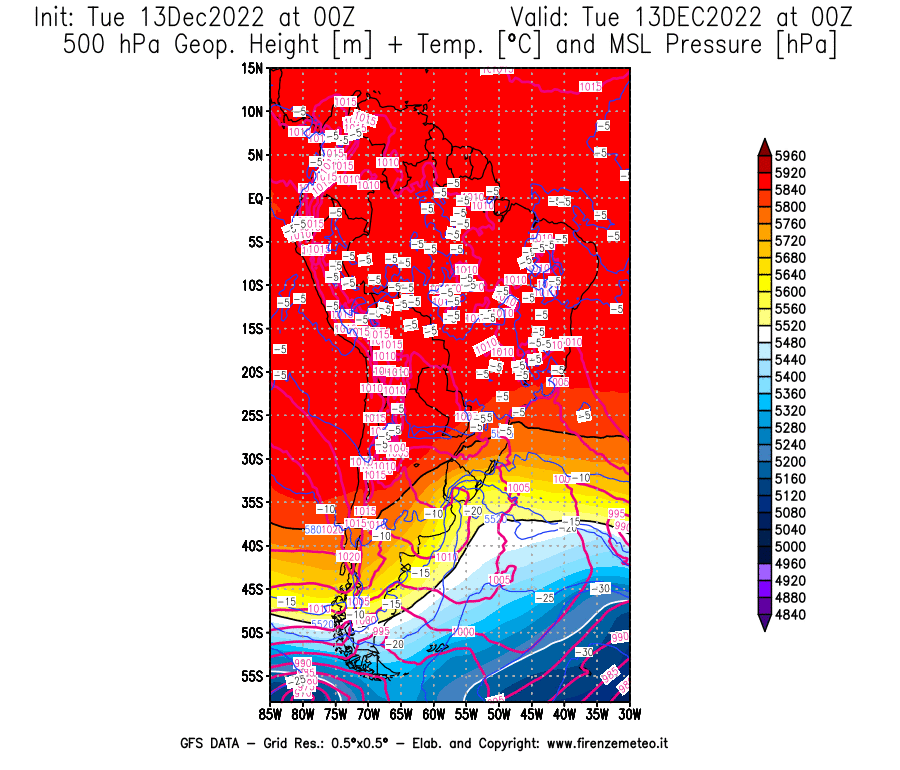 Mappa di analisi GFS - Geopotenziale [m] + Temp. [°C] a 500 hPa + Press. a livello del mare [hPa] in Sud-America
							del 13/12/2022 00 <!--googleoff: index-->UTC<!--googleon: index-->