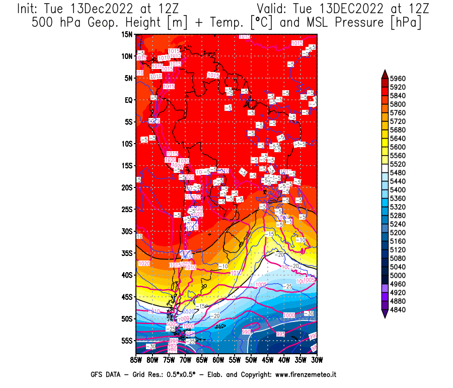 Mappa di analisi GFS - Geopotenziale [m] + Temp. [°C] a 500 hPa + Press. a livello del mare [hPa] in Sud-America
							del 13/12/2022 12 <!--googleoff: index-->UTC<!--googleon: index-->