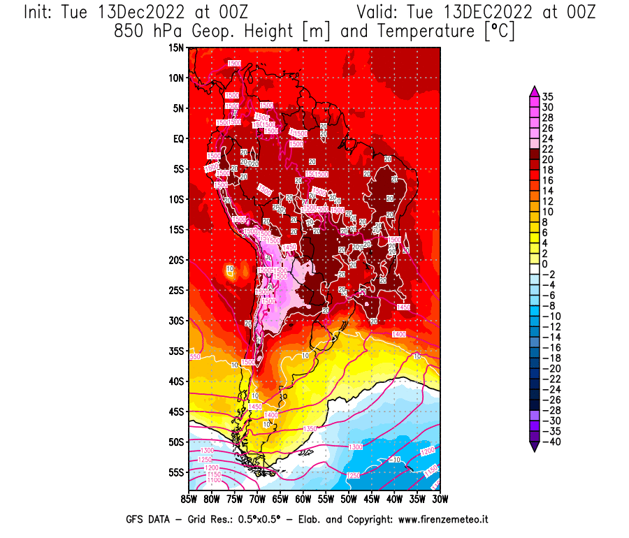 Mappa di analisi GFS - Geopotenziale [m] e Temperatura [°C] a 850 hPa in Sud-America
							del 13/12/2022 00 <!--googleoff: index-->UTC<!--googleon: index-->