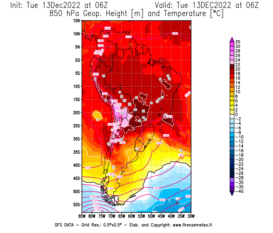Mappa di analisi GFS - Geopotenziale [m] e Temperatura [°C] a 850 hPa in Sud-America
							del 13/12/2022 06 <!--googleoff: index-->UTC<!--googleon: index-->
