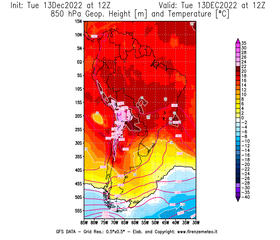 Mappa di analisi GFS - Geopotenziale [m] e Temperatura [°C] a 850 hPa in Sud-America
							del 13/12/2022 12 <!--googleoff: index-->UTC<!--googleon: index-->