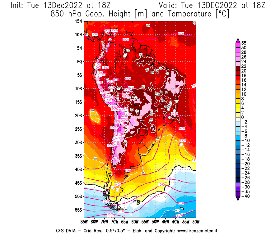 Mappa di analisi GFS - Geopotenziale [m] e Temperatura [°C] a 850 hPa in Sud-America
							del 13/12/2022 18 <!--googleoff: index-->UTC<!--googleon: index-->