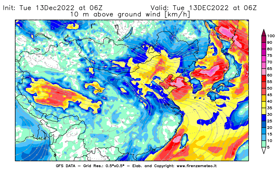 Mappa di analisi GFS - Velocità del vento a 10 metri dal suolo [km/h] in Asia Orientale
							del 13/12/2022 06 <!--googleoff: index-->UTC<!--googleon: index-->