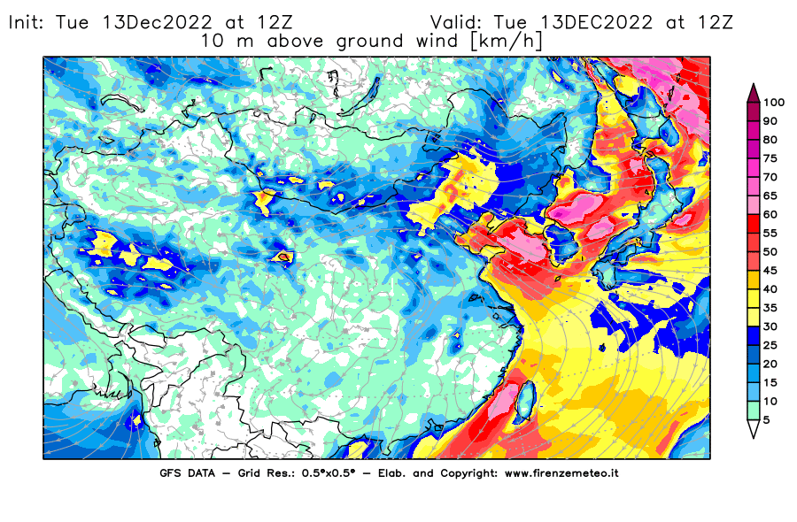 Mappa di analisi GFS - Velocità del vento a 10 metri dal suolo [km/h] in Asia Orientale
							del 13/12/2022 12 <!--googleoff: index-->UTC<!--googleon: index-->