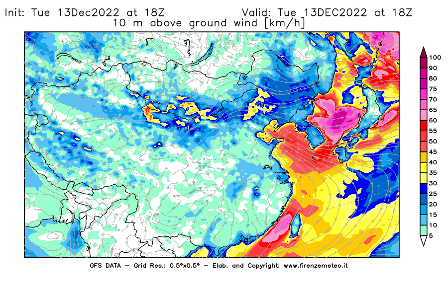 Mappa di analisi GFS - Velocità del vento a 10 metri dal suolo [km/h] in Asia Orientale
							del 13/12/2022 18 <!--googleoff: index-->UTC<!--googleon: index-->