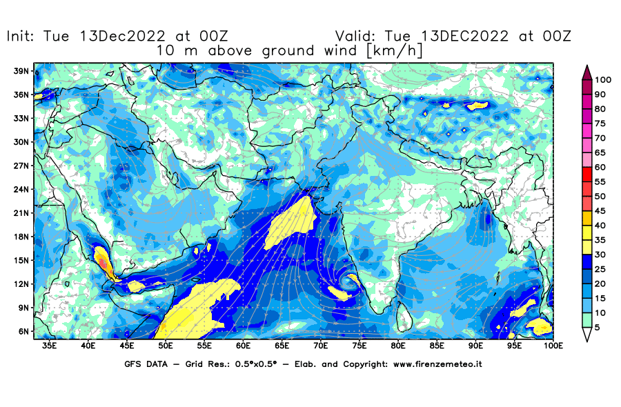 Mappa di analisi GFS - Velocità del vento a 10 metri dal suolo [km/h] in Asia Sud-Occidentale
							del 13/12/2022 00 <!--googleoff: index-->UTC<!--googleon: index-->