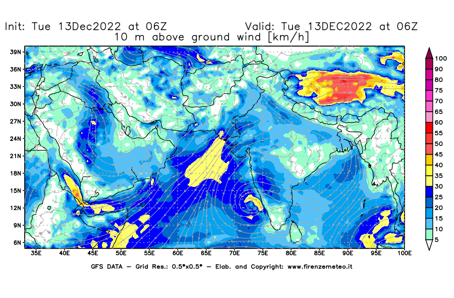 Mappa di analisi GFS - Velocità del vento a 10 metri dal suolo [km/h] in Asia Sud-Occidentale
							del 13/12/2022 06 <!--googleoff: index-->UTC<!--googleon: index-->