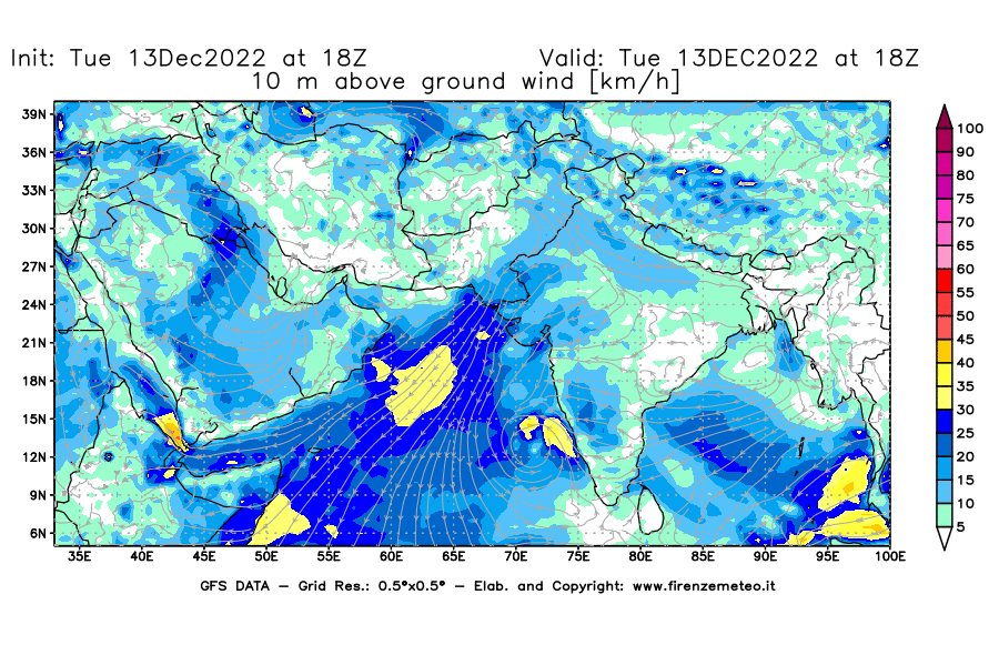 Mappa di analisi GFS - Velocità del vento a 10 metri dal suolo [km/h] in Asia Sud-Occidentale
							del 13/12/2022 18 <!--googleoff: index-->UTC<!--googleon: index-->