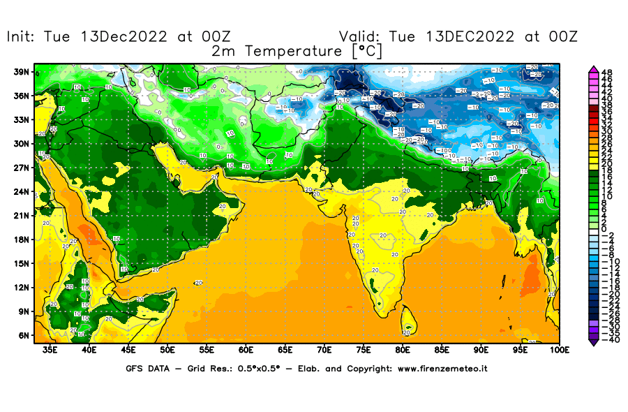 Mappa di analisi GFS - Temperatura a 2 metri dal suolo [°C] in Asia Sud-Occidentale
							del 13/12/2022 00 <!--googleoff: index-->UTC<!--googleon: index-->