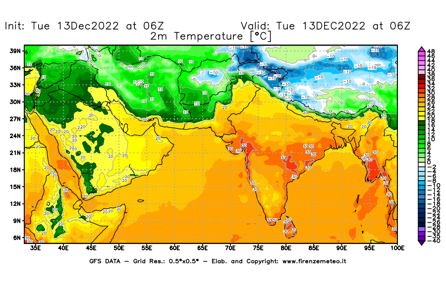 Mappa di analisi GFS - Temperatura a 2 metri dal suolo [°C] in Asia Sud-Occidentale
							del 13/12/2022 06 <!--googleoff: index-->UTC<!--googleon: index-->