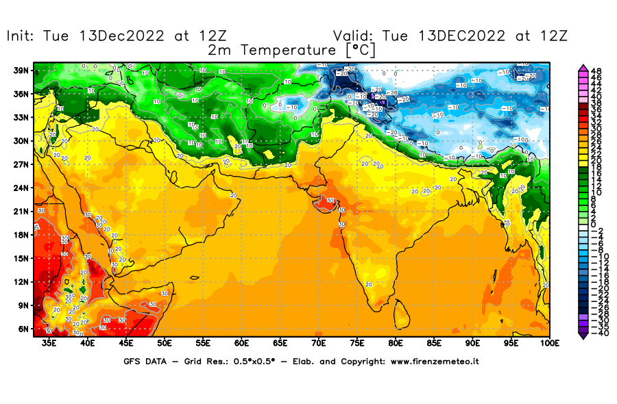 Mappa di analisi GFS - Temperatura a 2 metri dal suolo [°C] in Asia Sud-Occidentale
							del 13/12/2022 12 <!--googleoff: index-->UTC<!--googleon: index-->