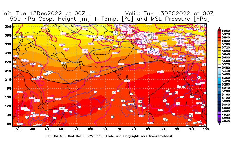 Mappa di analisi GFS - Geopotenziale [m] + Temp. [°C] a 500 hPa + Press. a livello del mare [hPa] in Asia Sud-Occidentale
							del 13/12/2022 00 <!--googleoff: index-->UTC<!--googleon: index-->