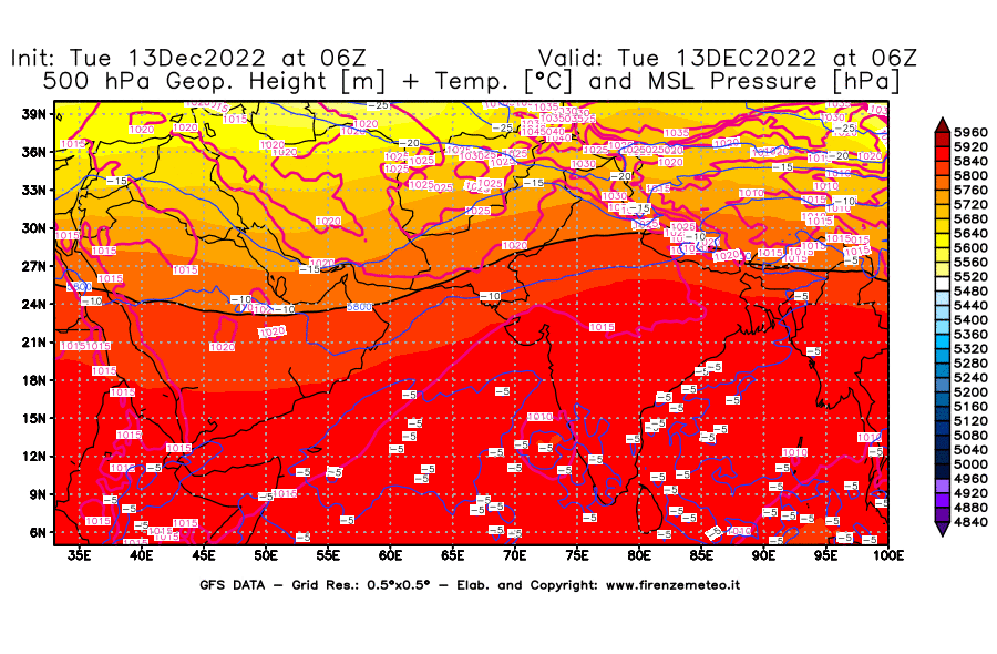 Mappa di analisi GFS - Geopotenziale [m] + Temp. [°C] a 500 hPa + Press. a livello del mare [hPa] in Asia Sud-Occidentale
							del 13/12/2022 06 <!--googleoff: index-->UTC<!--googleon: index-->