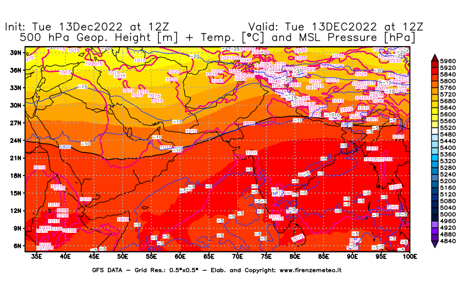 Mappa di analisi GFS - Geopotenziale [m] + Temp. [°C] a 500 hPa + Press. a livello del mare [hPa] in Asia Sud-Occidentale
							del 13/12/2022 12 <!--googleoff: index-->UTC<!--googleon: index-->
