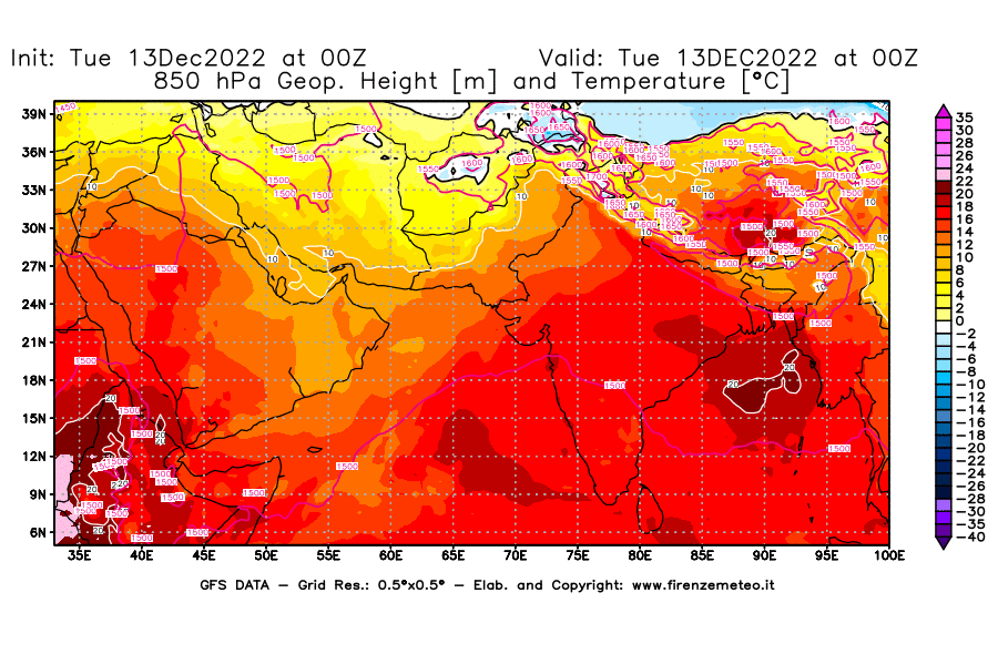 Mappa di analisi GFS - Geopotenziale [m] e Temperatura [°C] a 850 hPa in Asia Sud-Occidentale
							del 13/12/2022 00 <!--googleoff: index-->UTC<!--googleon: index-->