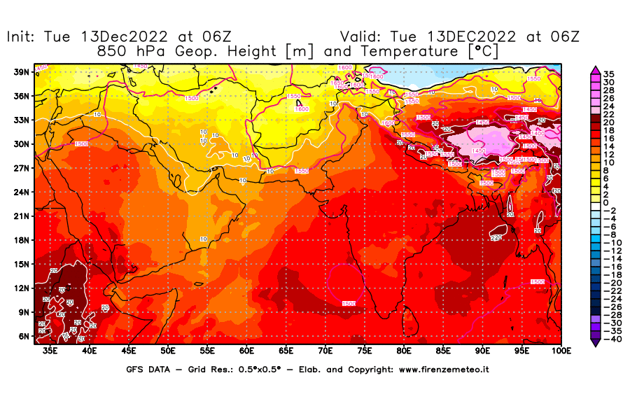 Mappa di analisi GFS - Geopotenziale [m] e Temperatura [°C] a 850 hPa in Asia Sud-Occidentale
							del 13/12/2022 06 <!--googleoff: index-->UTC<!--googleon: index-->