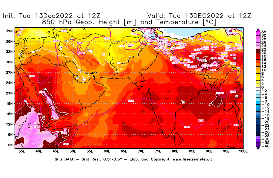 Mappa di analisi GFS - Geopotenziale [m] e Temperatura [°C] a 850 hPa in Asia Sud-Occidentale
							del 13/12/2022 12 <!--googleoff: index-->UTC<!--googleon: index-->
