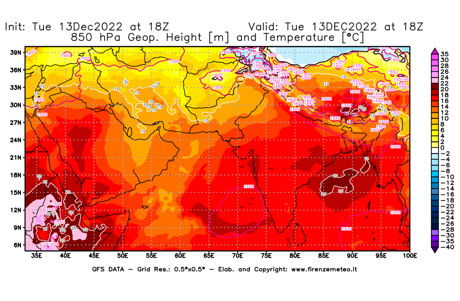 Mappa di analisi GFS - Geopotenziale [m] e Temperatura [°C] a 850 hPa in Asia Sud-Occidentale
							del 13/12/2022 18 <!--googleoff: index-->UTC<!--googleon: index-->