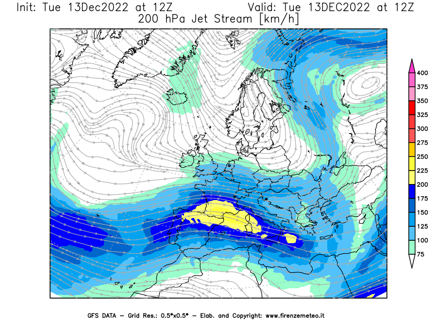 Mappa di analisi GFS - Jet Stream a 200 hPa in Europa
							del 13/12/2022 12 <!--googleoff: index-->UTC<!--googleon: index-->