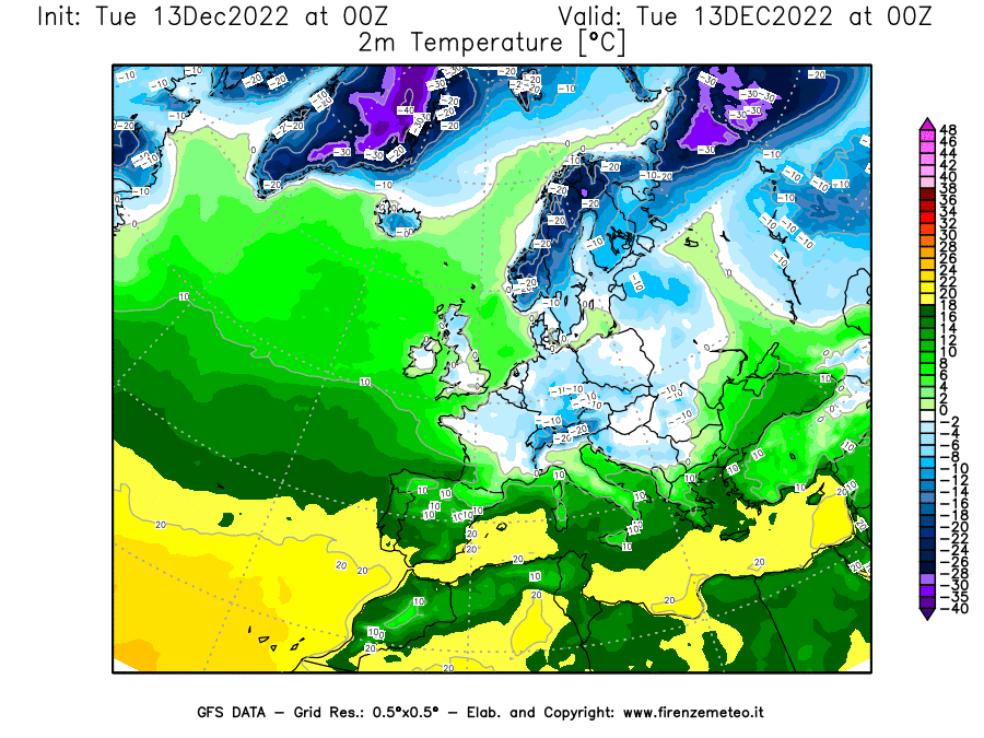 Mappa di analisi GFS - Temperatura a 2 metri dal suolo [°C] in Europa
							del 13/12/2022 00 <!--googleoff: index-->UTC<!--googleon: index-->