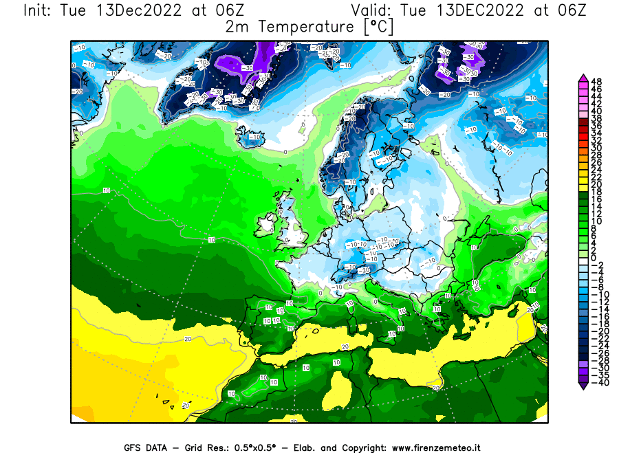 Mappa di analisi GFS - Temperatura a 2 metri dal suolo [°C] in Europa
							del 13/12/2022 06 <!--googleoff: index-->UTC<!--googleon: index-->