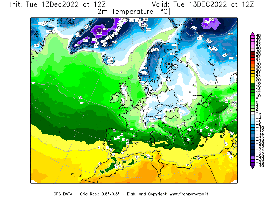 Mappa di analisi GFS - Temperatura a 2 metri dal suolo [°C] in Europa
							del 13/12/2022 12 <!--googleoff: index-->UTC<!--googleon: index-->