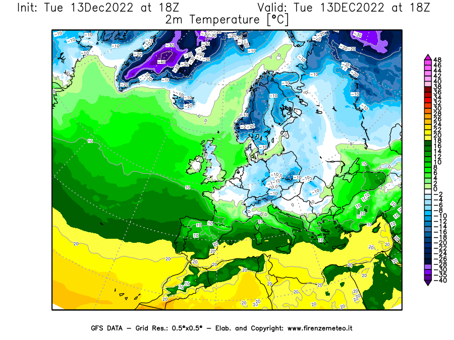 Mappa di analisi GFS - Temperatura a 2 metri dal suolo [°C] in Europa
							del 13/12/2022 18 <!--googleoff: index-->UTC<!--googleon: index-->