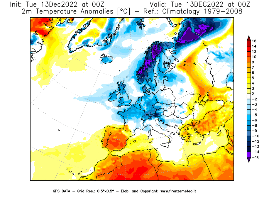 Mappa di analisi GFS - Anomalia Temperatura [°C] a 2 m in Europa
							del 13/12/2022 00 <!--googleoff: index-->UTC<!--googleon: index-->