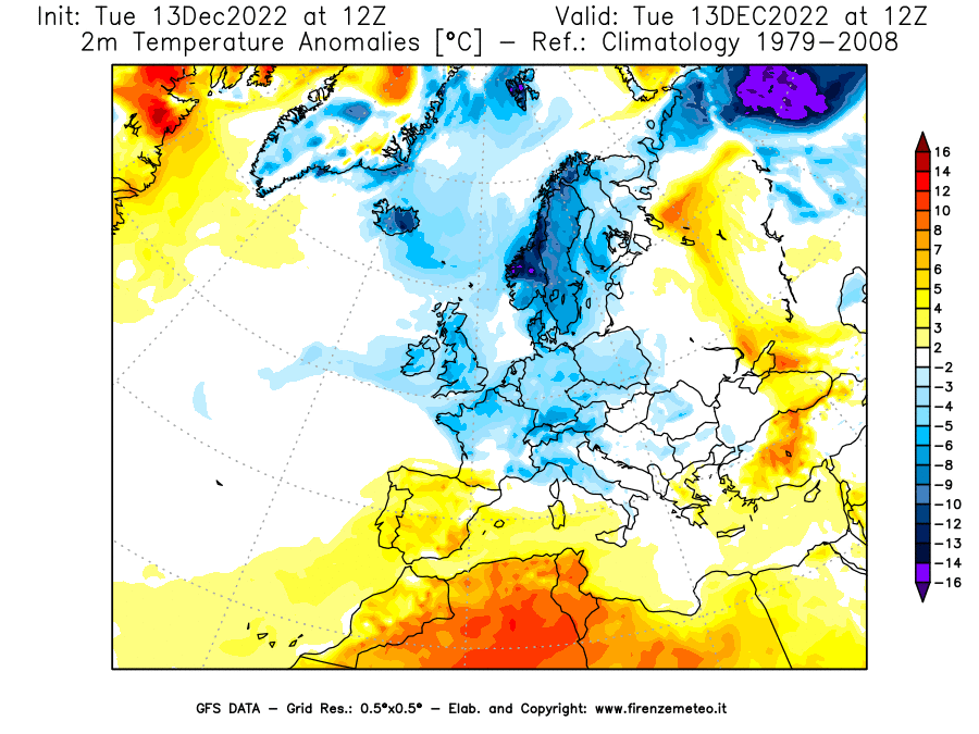 Mappa di analisi GFS - Anomalia Temperatura [°C] a 2 m in Europa
							del 13/12/2022 12 <!--googleoff: index-->UTC<!--googleon: index-->