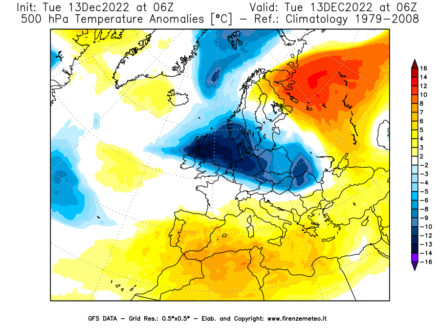 Mappa di analisi GFS - Anomalia Temperatura [°C] a 500 hPa in Europa
							del 13/12/2022 06 <!--googleoff: index-->UTC<!--googleon: index-->