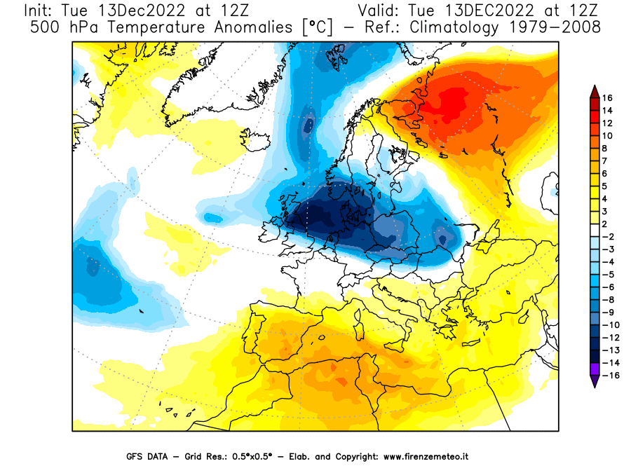 Mappa di analisi GFS - Anomalia Temperatura [°C] a 500 hPa in Europa
							del 13/12/2022 12 <!--googleoff: index-->UTC<!--googleon: index-->