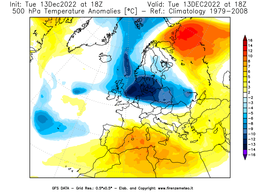 Mappa di analisi GFS - Anomalia Temperatura [°C] a 500 hPa in Europa
							del 13/12/2022 18 <!--googleoff: index-->UTC<!--googleon: index-->