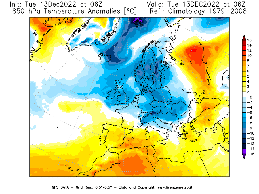 Mappa di analisi GFS - Anomalia Temperatura [°C] a 850 hPa in Europa
							del 13/12/2022 06 <!--googleoff: index-->UTC<!--googleon: index-->