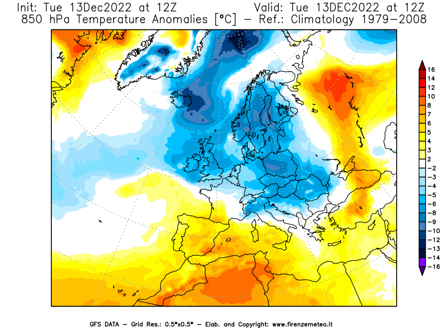 Mappa di analisi GFS - Anomalia Temperatura [°C] a 850 hPa in Europa
							del 13/12/2022 12 <!--googleoff: index-->UTC<!--googleon: index-->
